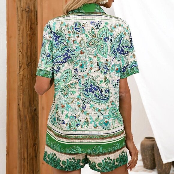 Green Boho Womens Scarf Print Button Front Shirt & Shorts - Picture 2 of 5